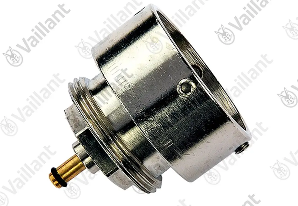 Vaillant Adapter mit zylindrischer Form und Anschlussstück, das für Heizungsanlagen verwendet wird. Sichtbare Verbindungsteile für die Montage.